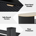 Three-panel detail: gold drawer handle on fluted front, rounded oak-edge corner, and black metal floor protector foot on