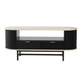 Oval coffee table with oak-effect top, black fluted curved side panels, two drawers with gold handles, and open centre