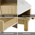 Four detail panels: Fluted Style Drawers, Safe Round Corners, Smooth Drawer Slides, Pine Wood Legs