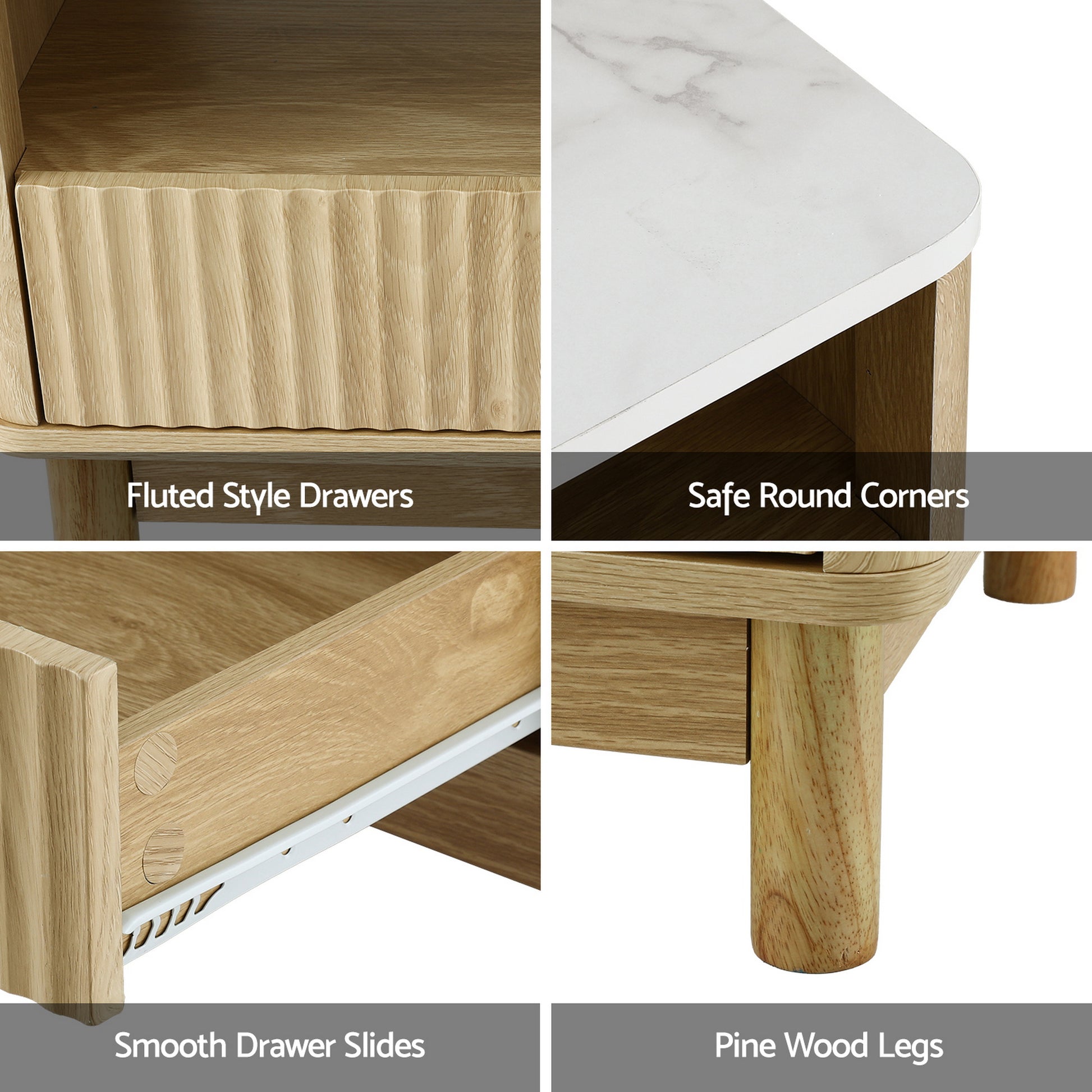 Four detail panels: Fluted Style Drawers, Safe Round Corners, Smooth Drawer Slides, Pine Wood Legs