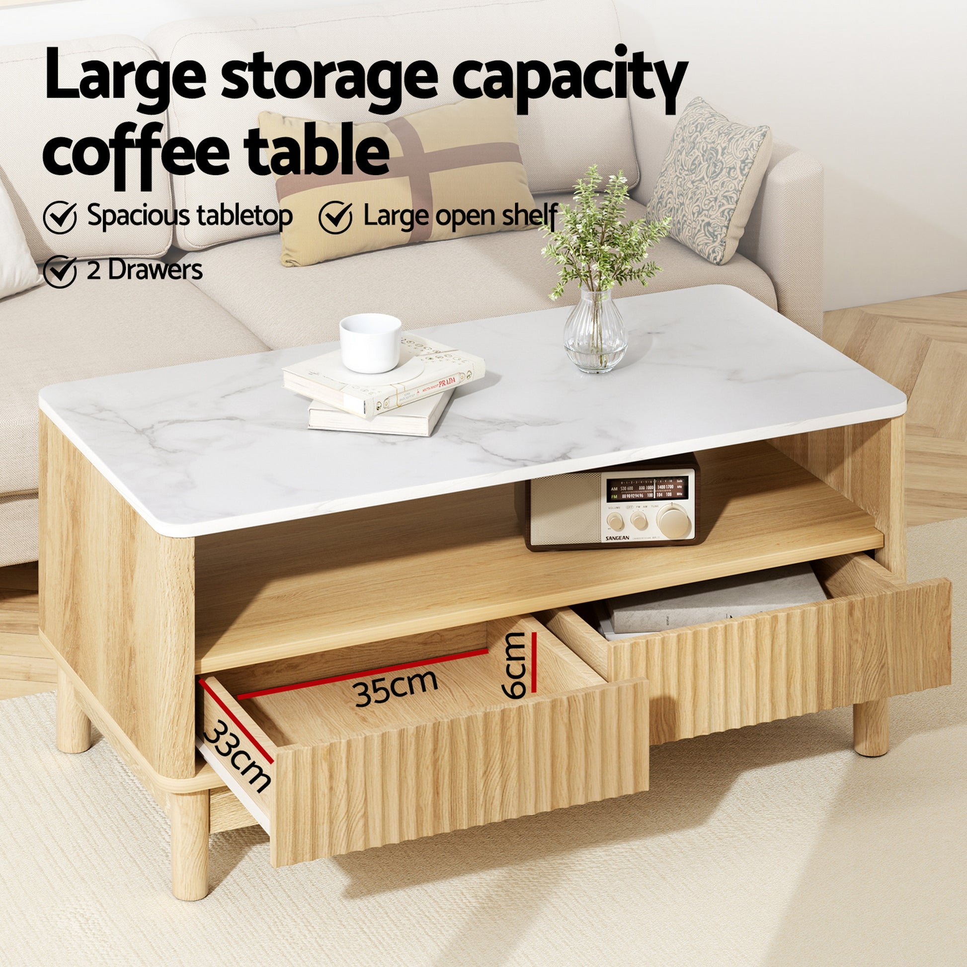 Natural wood coffee table with open drawer 35x33cm, marble top, text: Large storage capacity coffee table, 2 Drawers