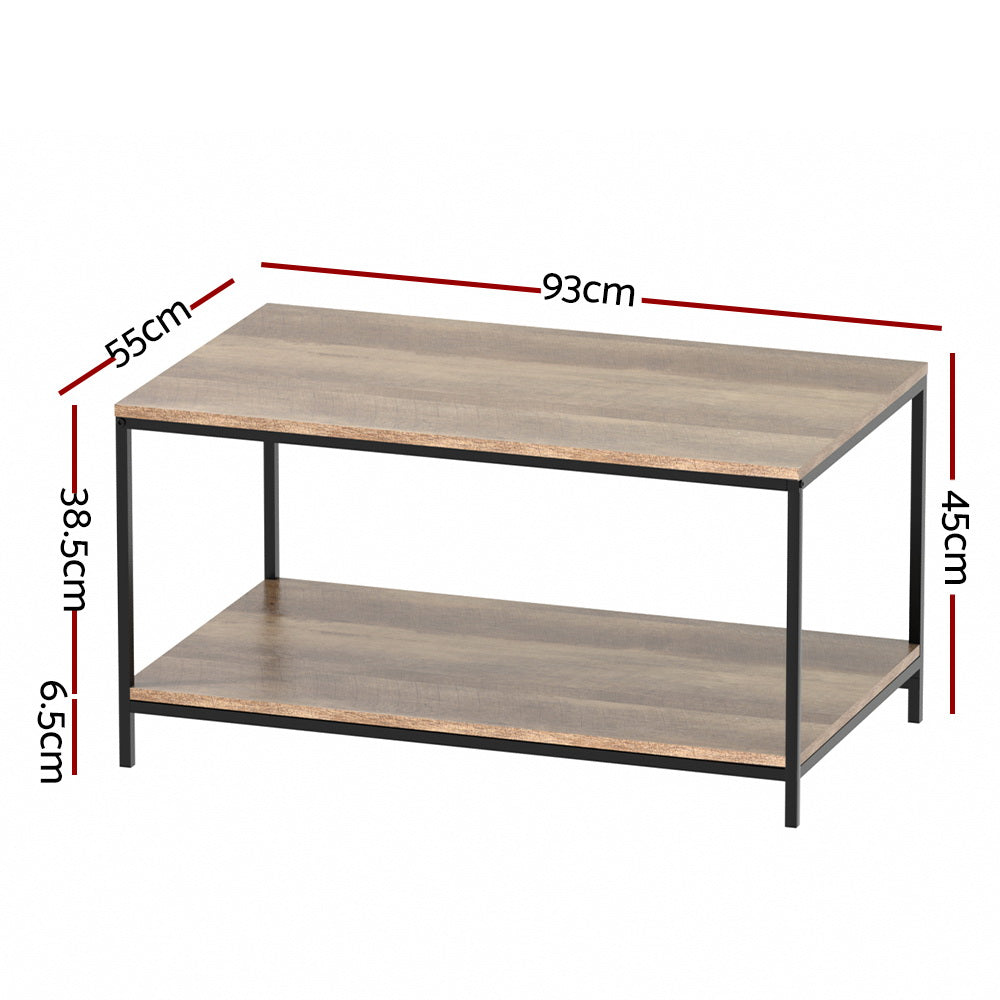 Two-tier rectangular coffee table with wood-grain top and black metal frame, dimensions: 93 cm x 55 cm x 45 cm top, shelf