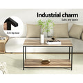 Two-tier rectangular coffee table in a living room near a beige sofa, text reads Industrial charm, Suits any space,