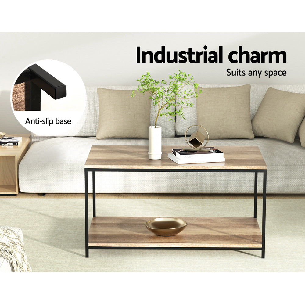 Two-tier rectangular coffee table in a living room near a beige sofa, text reads Industrial charm, Suits any space,
