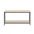 Two-tier rectangular coffee table with wood-grain particleboard top and bottom shelf on black metal frame, white background,
