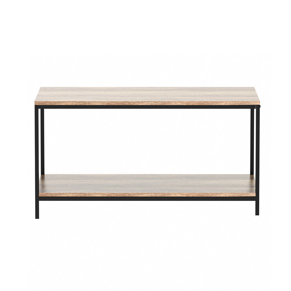 Two-tier rectangular coffee table with wood-grain particleboard top and bottom shelf on black metal frame, white background,