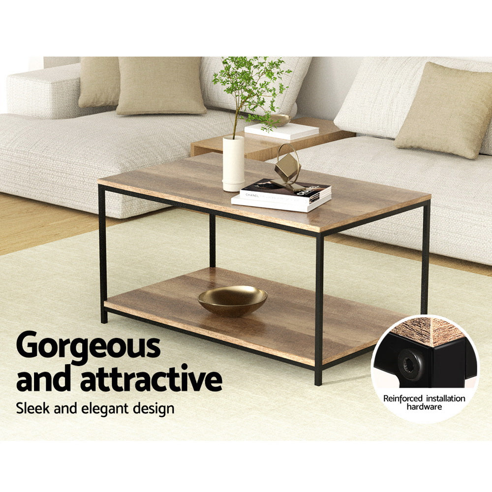 Rectangular two-tier coffee table with wood-grain top and black metal frame in a living room, text reads Gorgeous and