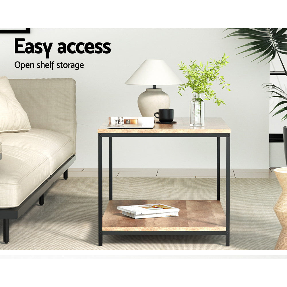 Square-top two-tier side table with wood-grain top and black metal frame in a living room, text reads Easy access, Open
