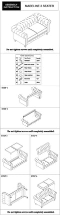 Madeline 2 Seater sofa assembly instruction sheet showing parts identification and six assembly steps