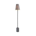 Floor lamp with cylindrical grey concrete base, slim black metal pole and tapered grey felt shade on white background