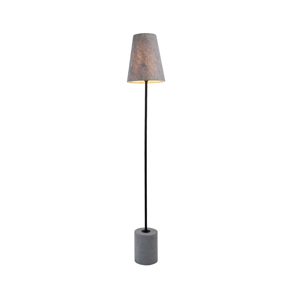 Floor lamp with cylindrical grey concrete base, slim black metal pole and tapered grey felt shade on white background