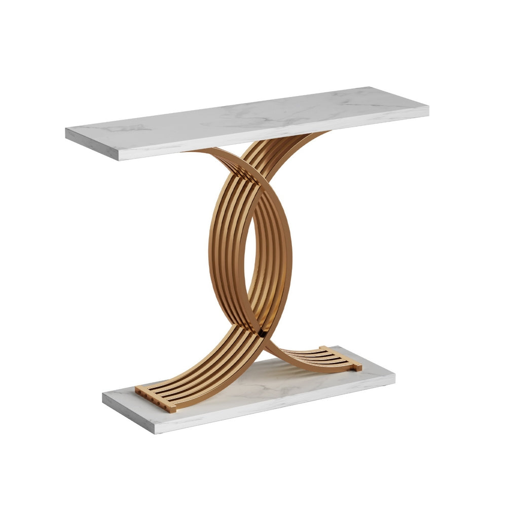Console table with white marble top and base, gold ribbed crossed-arc frame, three-quarter angle on white background