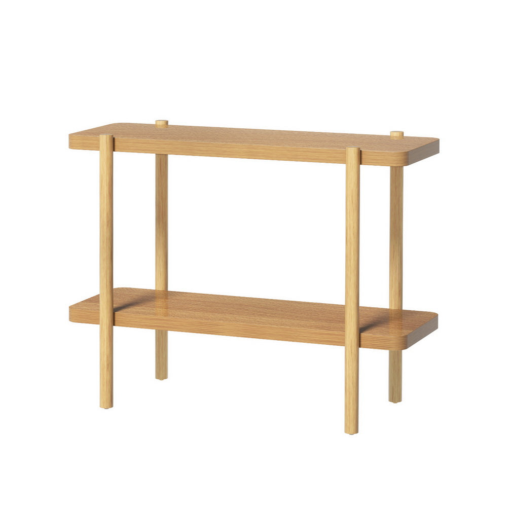 Console table front view: natural oak two-shelf design with four round legs and visible wooden peg joints on white background