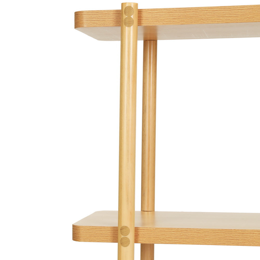 Close-up of oak round legs showing double wooden peg joints connecting both upper and lower shelf boards