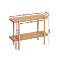 Console table dimensions: 92cm wide, 31cm deep, 71cm tall, two oak shelves with 42cm gap, four round legs