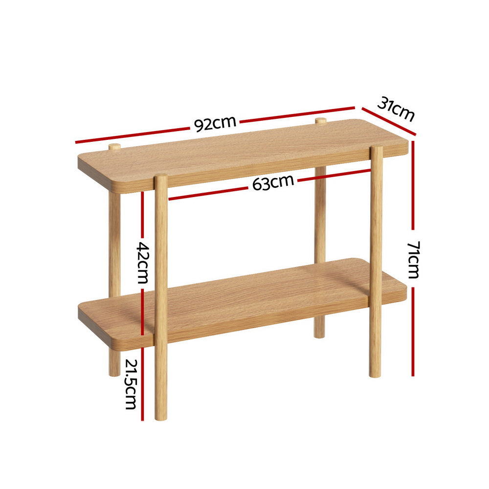 Console table dimensions: 92cm wide, 31cm deep, 71cm tall, two oak shelves with 42cm gap, four round legs
