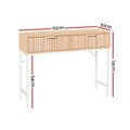 Console table dimensions diagram: 92cm wide, 30cm deep, 74cm tall, oak fluted two-drawer body and white metal legs