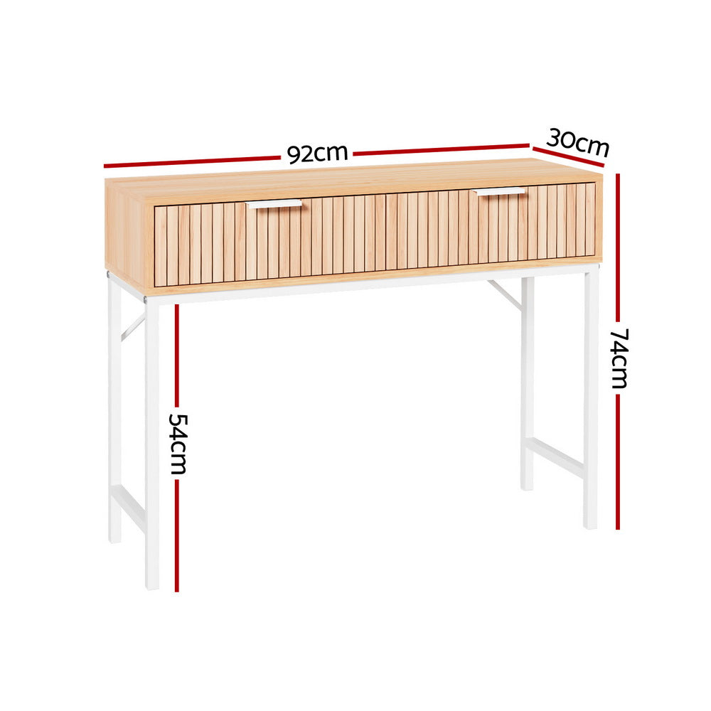 Console table dimensions diagram: 92cm wide, 30cm deep, 74cm tall, oak fluted two-drawer body and white metal legs