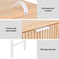 Feature collage: wall attachment strap included, two drawers with white metal bar handles, X-frame legs with floor pads