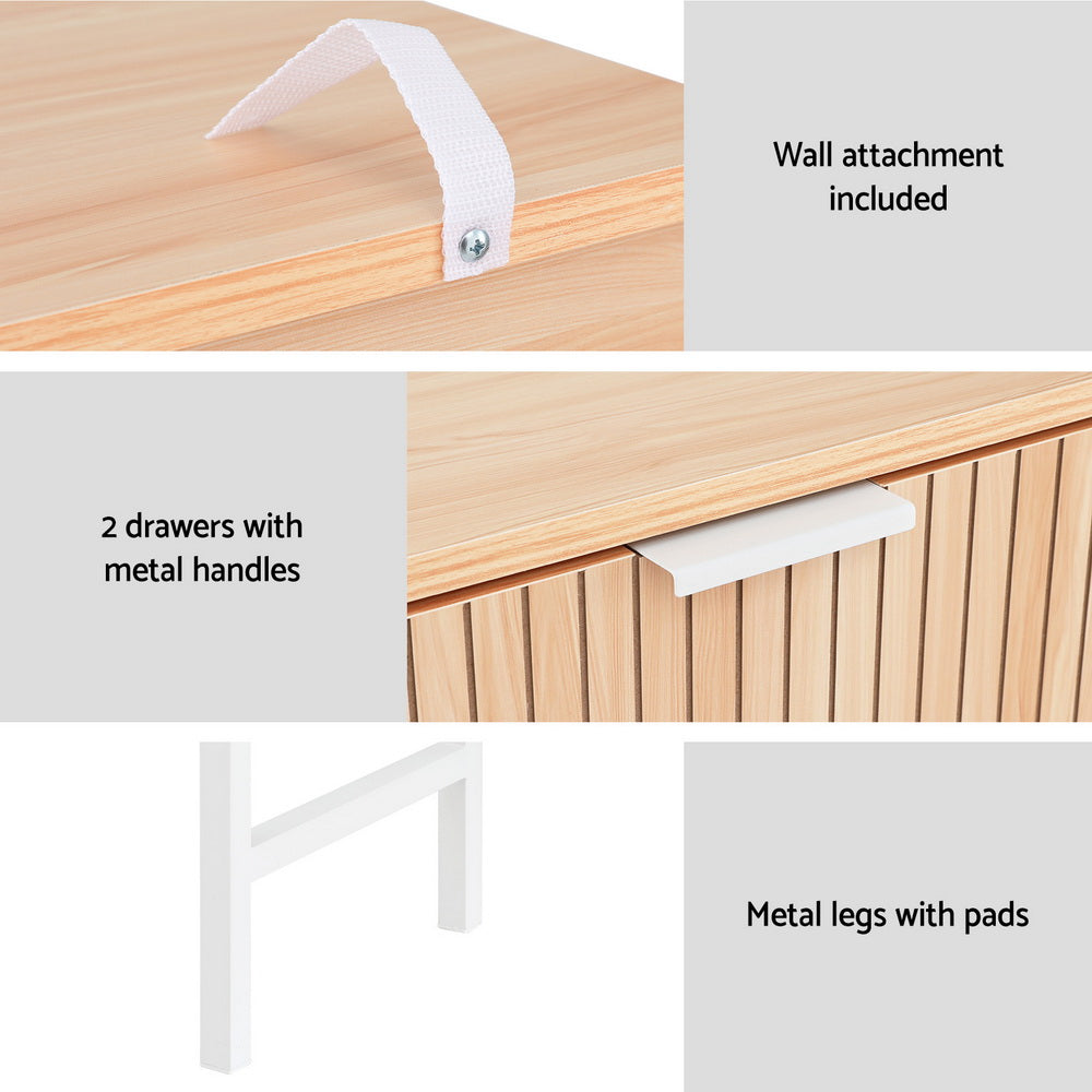 Feature collage: wall attachment strap included, two drawers with white metal bar handles, X-frame legs with floor pads