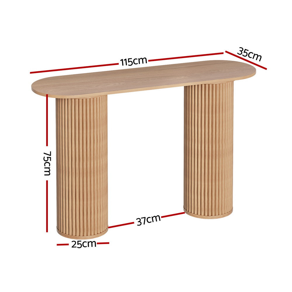 Console table dimensions: 115cm wide, 35cm deep, 75cm tall, oak oval top with two cylindrical fluted columns, 25cm diameter