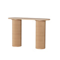 Console table with natural oak oval top and two cylindrical fluted column legs, front view on white background