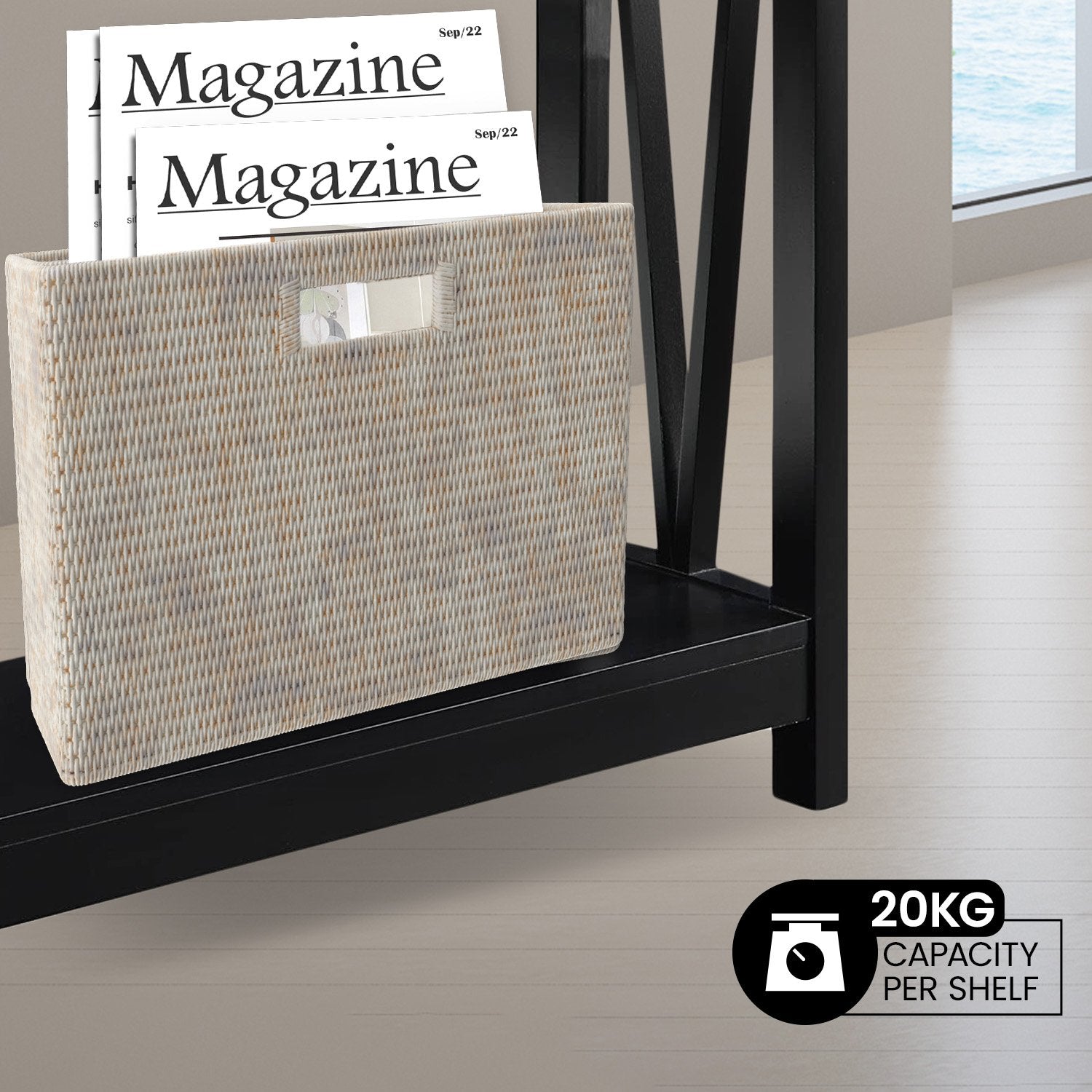 Close-up of lower shelf with wicker magazine holder and magazines, X-cross panel behind, badge reads 20KG capacity per shelf
