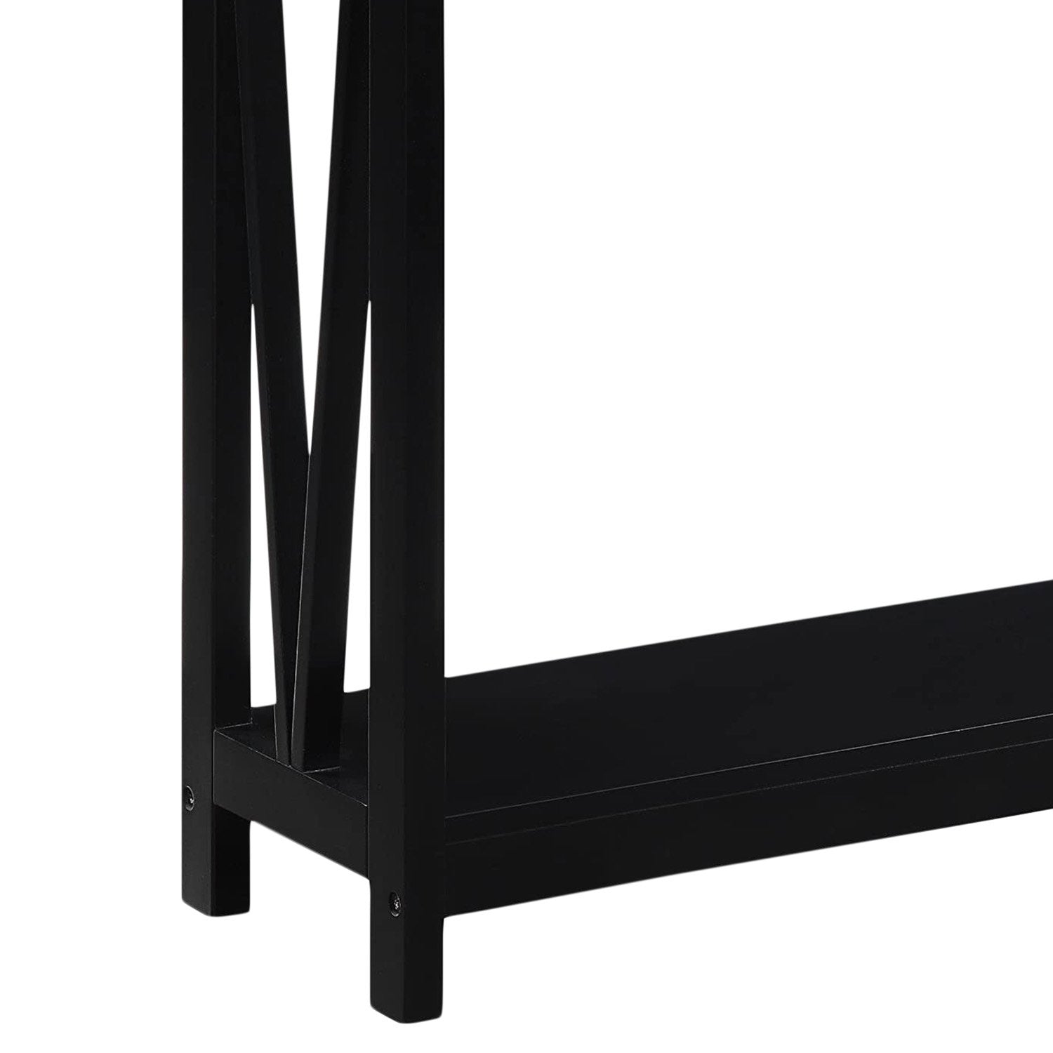 Close-up of black X-cross panel lower corner showing shelf junction and square leg on walnut console table