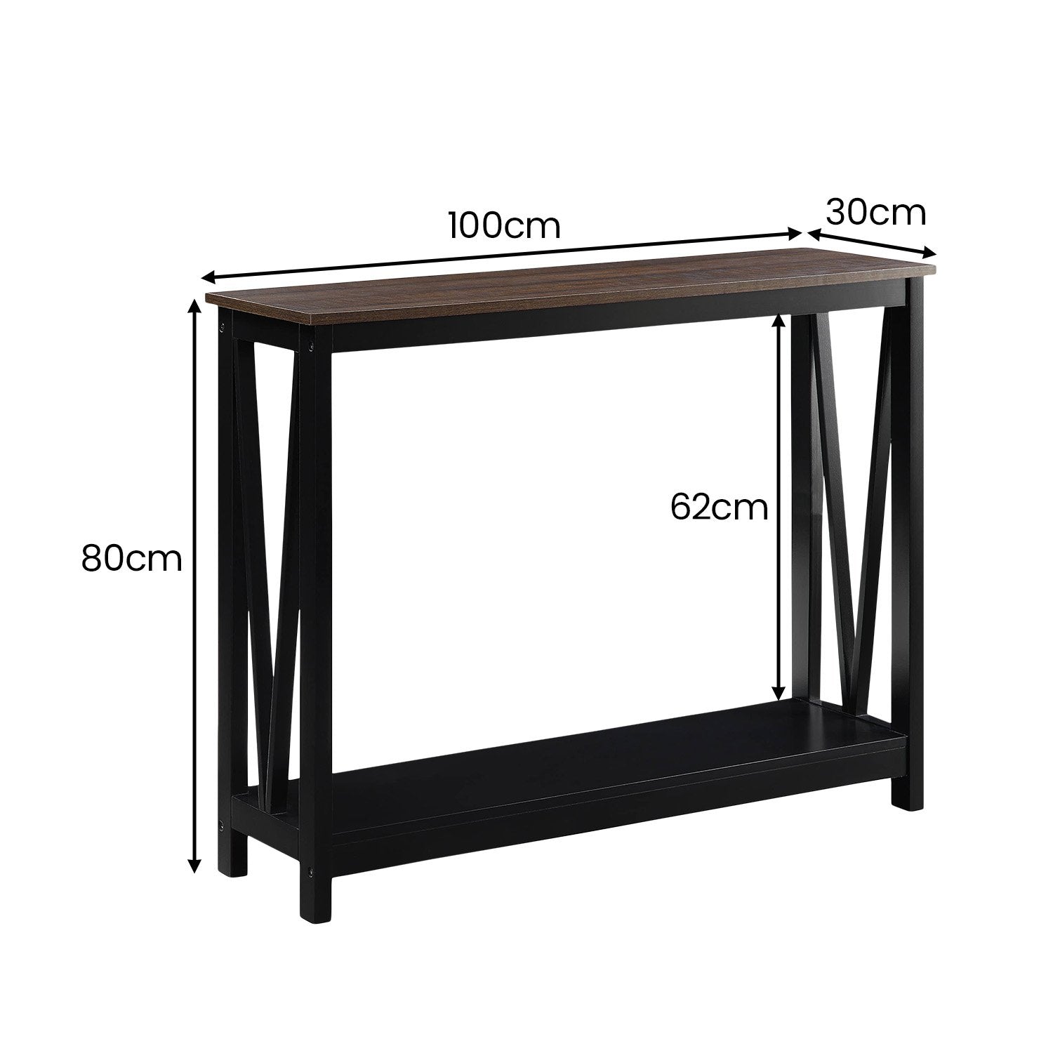 Two-tone console table dimensions: 100cm wide, 30cm deep, 80cm tall, inner clear height 62cm