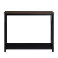 Console table with dark walnut-effect top and black X-cross frame, lower shelf, straight-on front view on white background