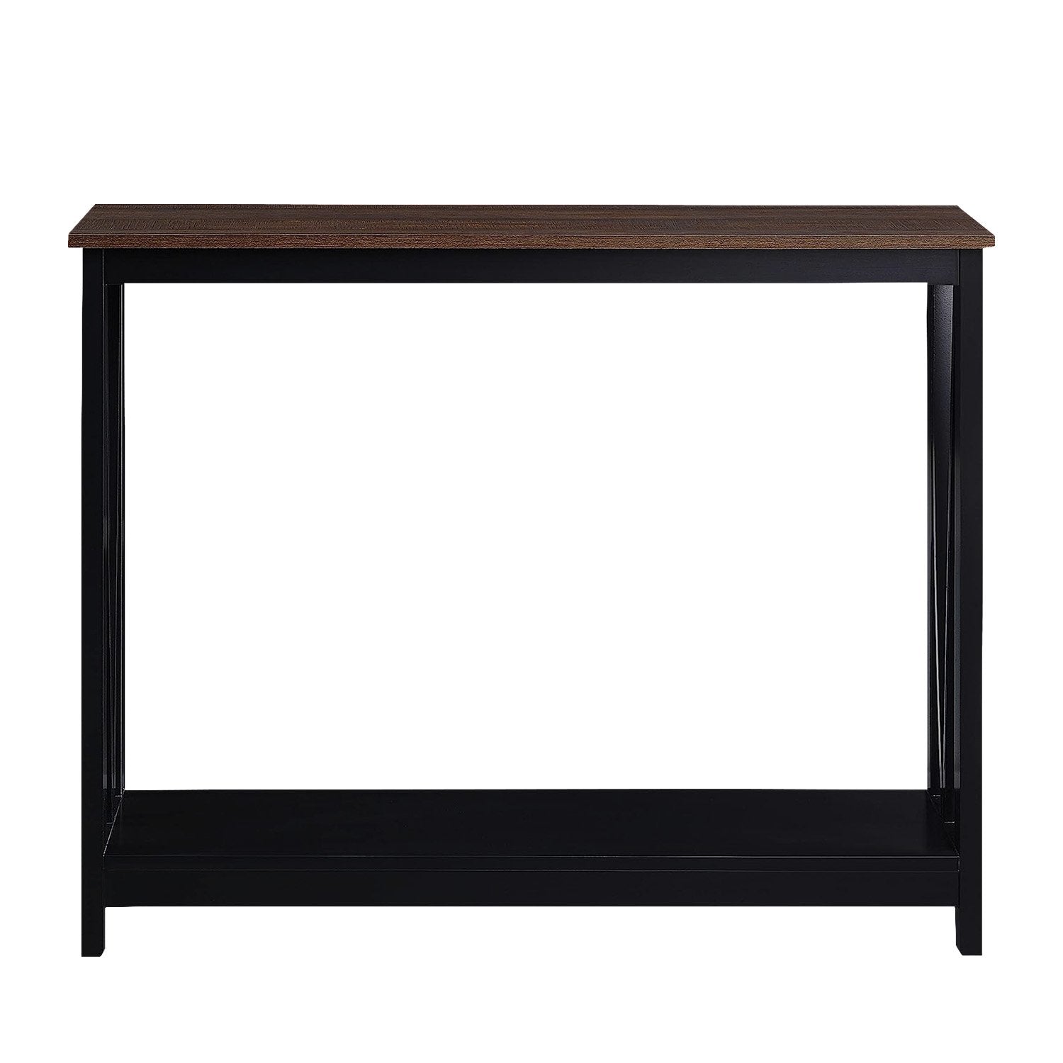 Console table with dark walnut-effect top and black X-cross frame, lower shelf, straight-on front view on white background