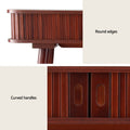 Detail collage showing round-edged top corners and close-up of oval curved recessed handles on walnut fluted sliding doors