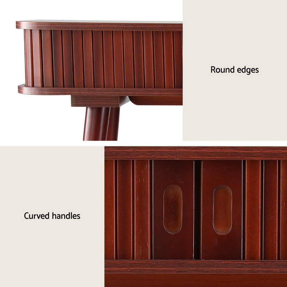 Detail collage showing round-edged top corners and close-up of oval curved recessed handles on walnut fluted sliding doors