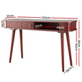 Console table dimensions: 120cm wide, 37cm deep, 76cm tall, walnut fluted drawer with 49x32cm open shelf, tapered legs