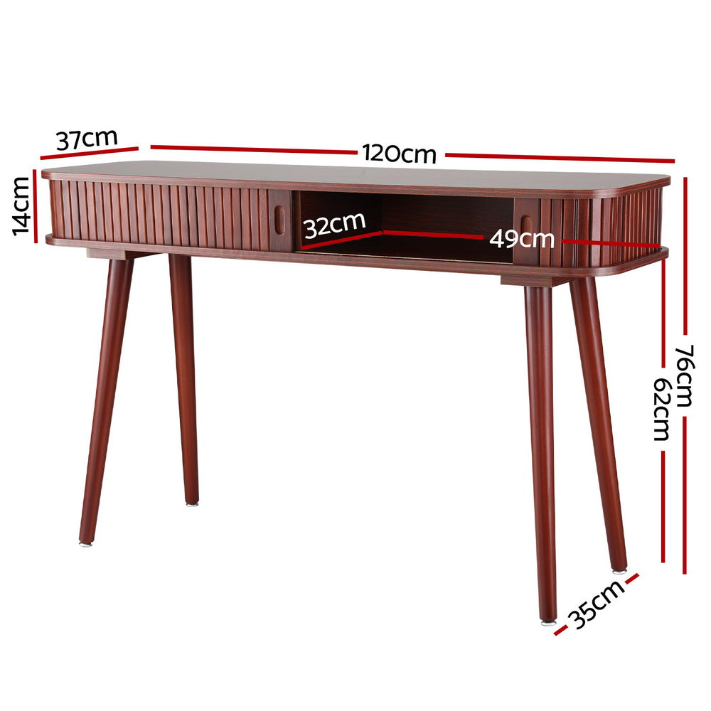 Console table dimensions: 120cm wide, 37cm deep, 76cm tall, walnut fluted drawer with 49x32cm open shelf, tapered legs