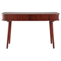 Console table front view: walnut finish, full-width fluted drawer panel with oval cutout handles, four angled tapered legs