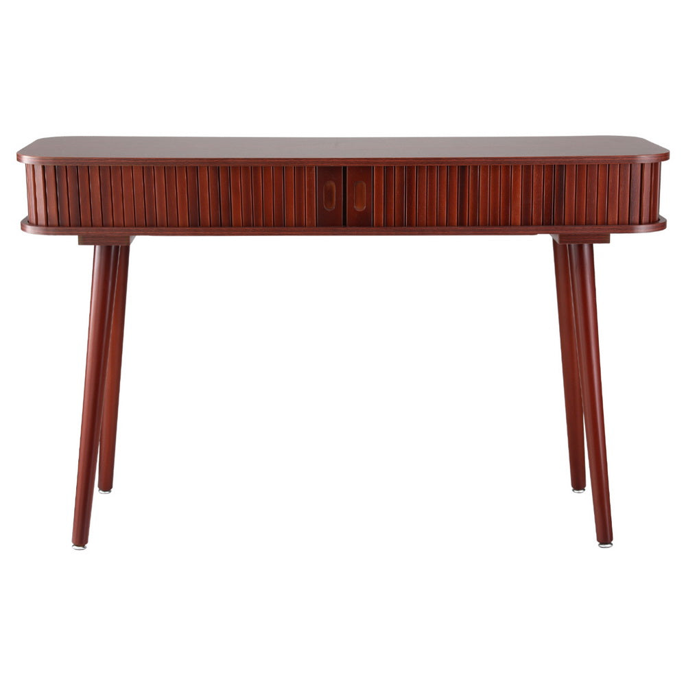 Console table front view: walnut finish, full-width fluted drawer panel with oval cutout handles, four angled tapered legs