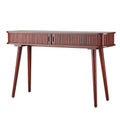 Console table three-quarter angle: walnut finish, full-width fluted sliding door panel with two oval handles, angled legs