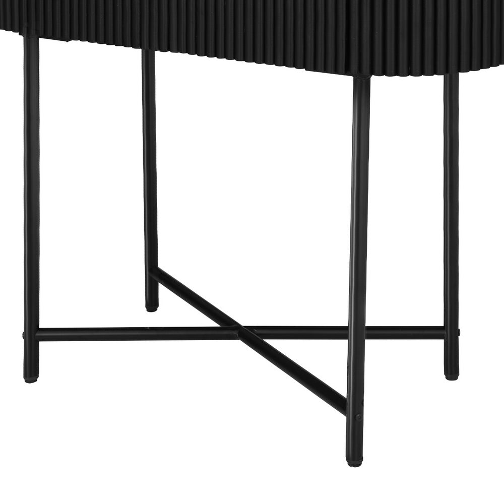 Close-up of black metal X-frame legs with diagonal crossbar bracing beneath the black fluted curved console body