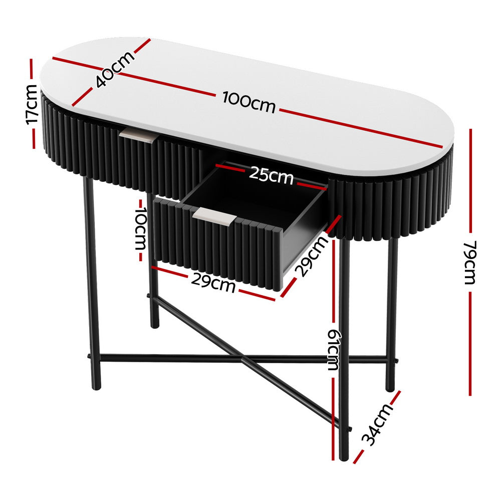 Console table dimensions: 100cm wide, 40cm deep, 79cm tall, white oval top, black fluted body, drawer interior 29x25cm