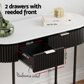 Feature panel: 2 reeded drawers with Paulownia wood, open drawer showing 29x25cm interior, 10cm tall, books on white top