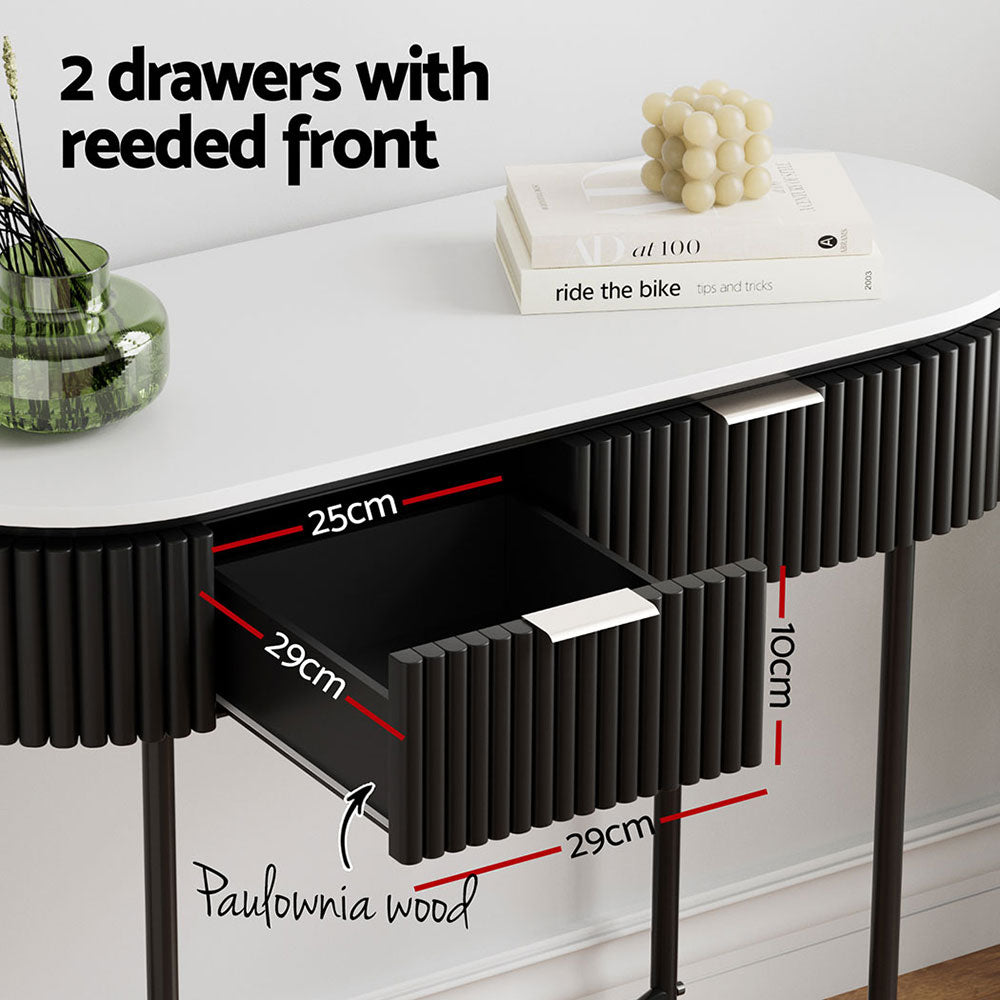 Feature panel: 2 reeded drawers with Paulownia wood, open drawer showing 29x25cm interior, 10cm tall, books on white top