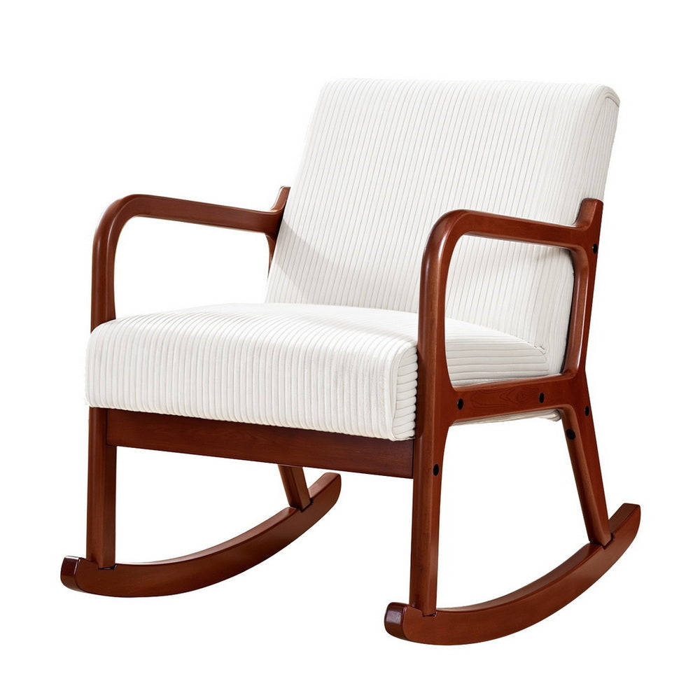 Beige corduroy rocking chair with walnut frame and curved rockers, three-quarter angle view