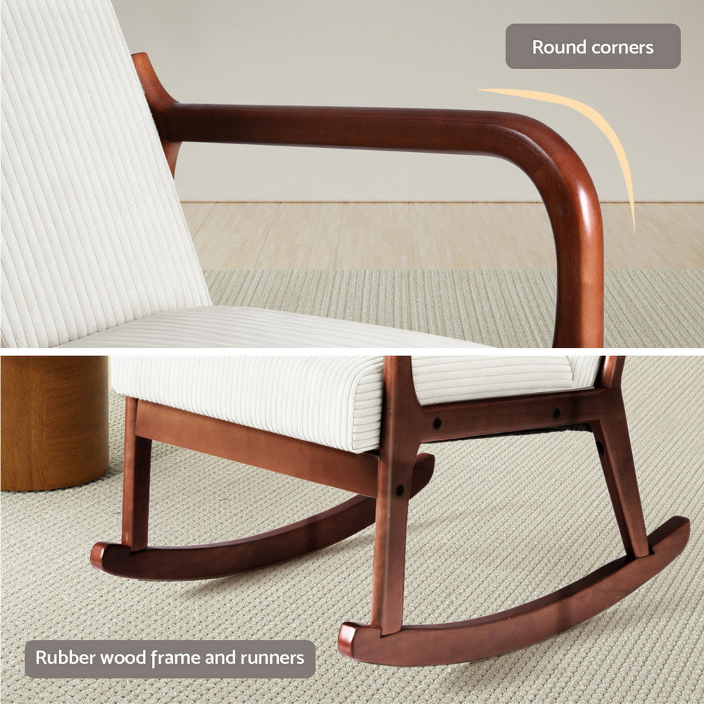 Two-panel detail: rounded walnut armrest labelled "Round corners" and rocker base labelled "Rubber wood frame and runners"