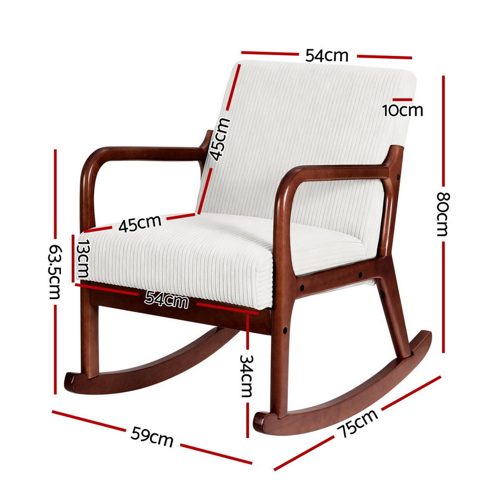 Beige corduroy rocking chair with walnut wood frame and curved rockers in living room on parquet floor
