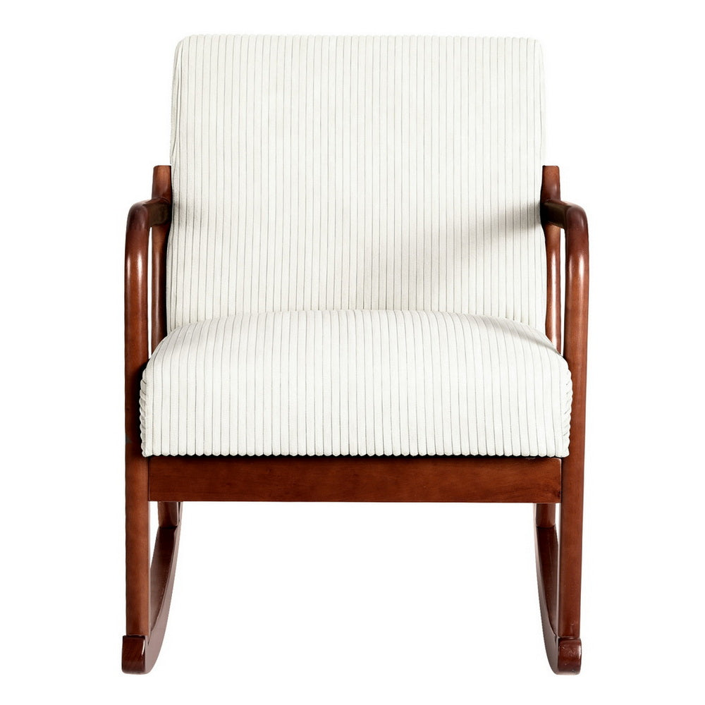 Beige corduroy rocking chair with walnut wood open-arm frame and curved rockers, front view on white background