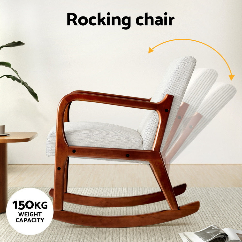 Beige corduroy rocking chair side view showing rocking motion arrows, 150kg weight capacity badge, walnut frame