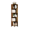 Five-tier corner bookcase in warm brown wood styled with books, ceramics, and decor, angle view on white background