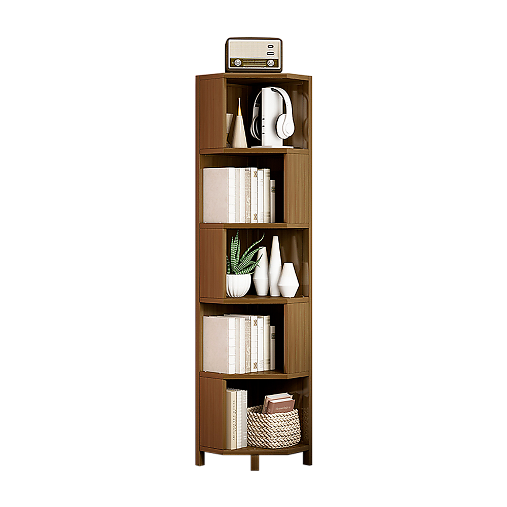Five-tier corner bookcase in warm brown wood styled with books, ceramics, and decor, angle view on white background