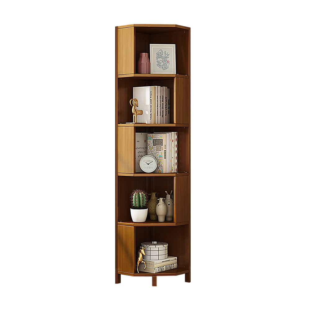 Five-tier corner bookcase in warm brown wood styled with books, plants, and ceramics, front view on white background